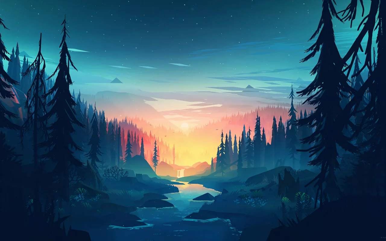 landscape, nature, night, forest, river