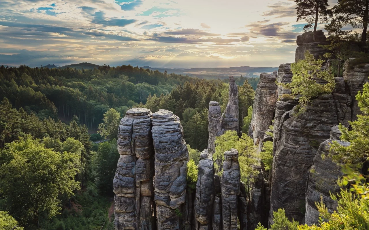 nature, landscape, sunset, rock formation, forest, clouds, sky, hill, trees, czech republic