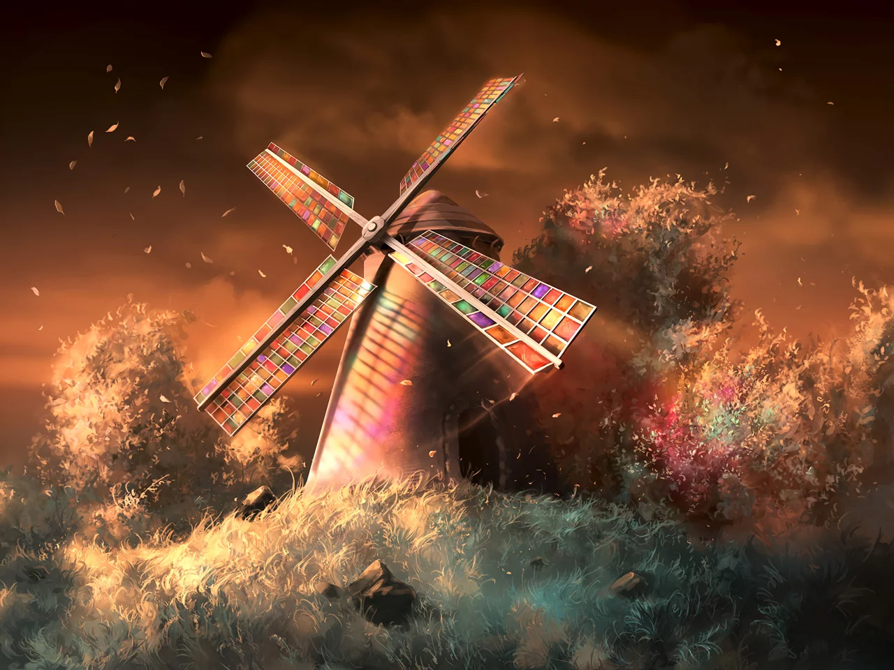 trees, art, wind, mill