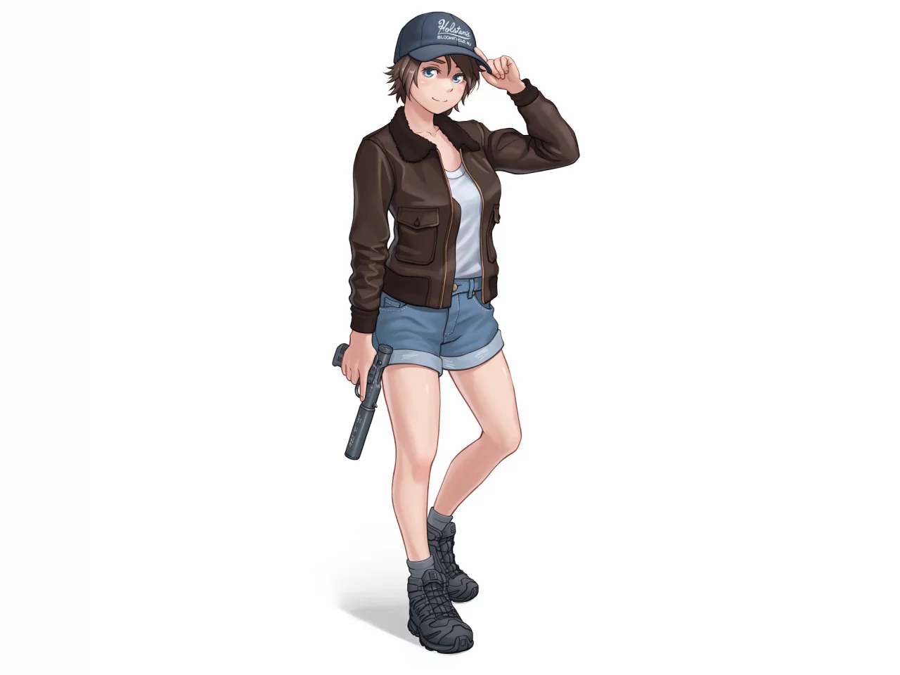 gun, jacket, shorts, hat, brunette, original, characters