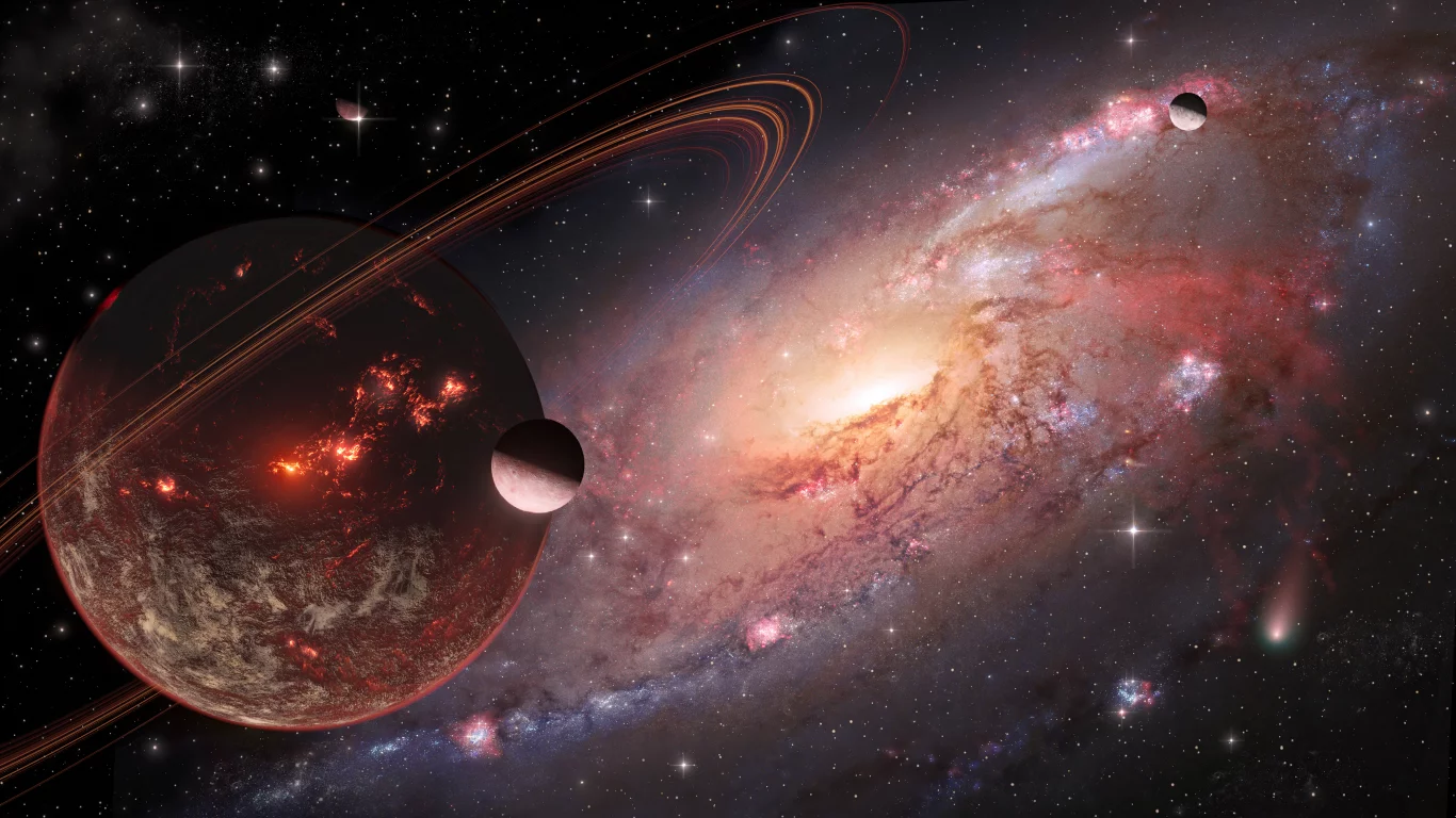 space, planet, rings, meteorites