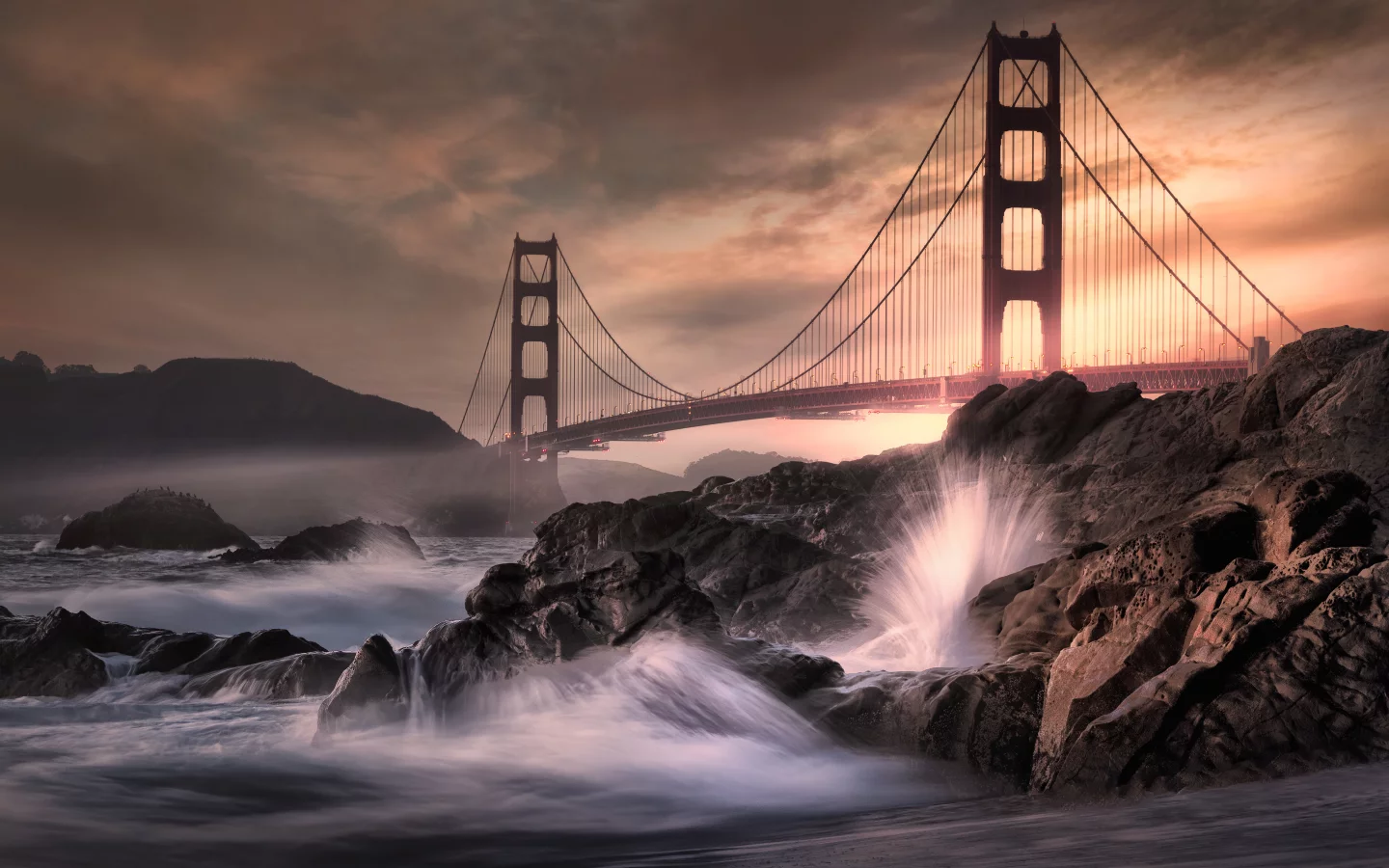 golden gate bridge, california, rocky, coast, water splash long