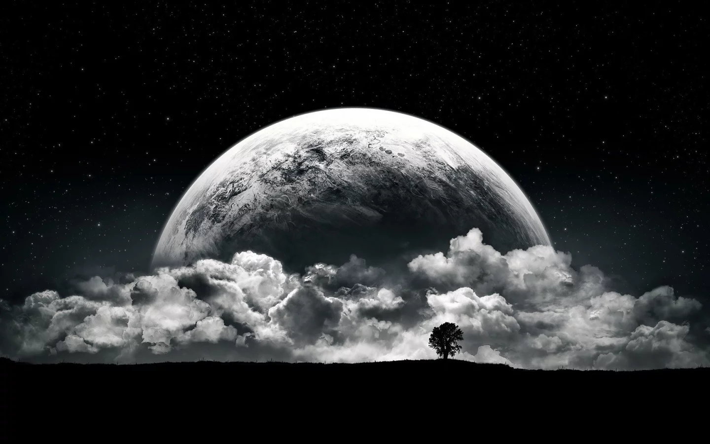 planet, moon, clouds, stars, night, black, white