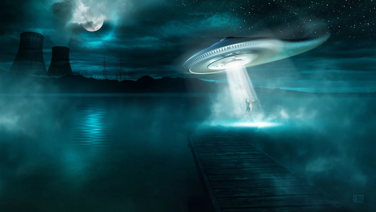 backwater, moon, ufo, pier, abduction, man