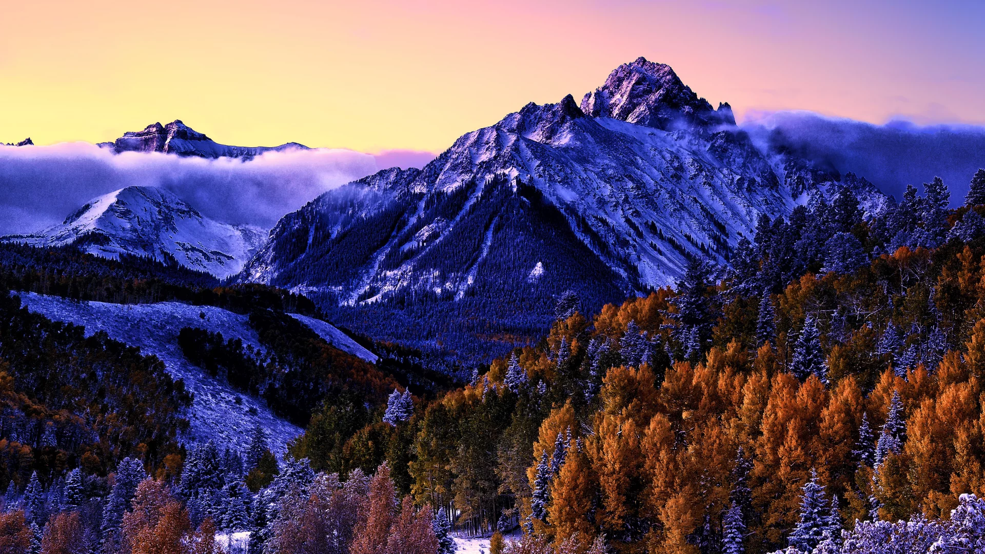 mount, sneffels, colorado, snow, covered, aspen, trees, fog, purple