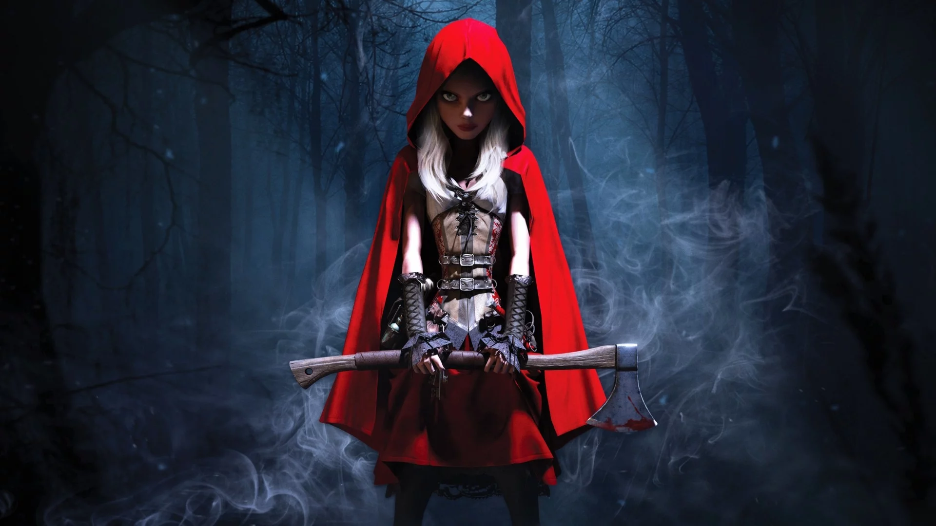 fantasy, forest, night, little red riding hood, axe