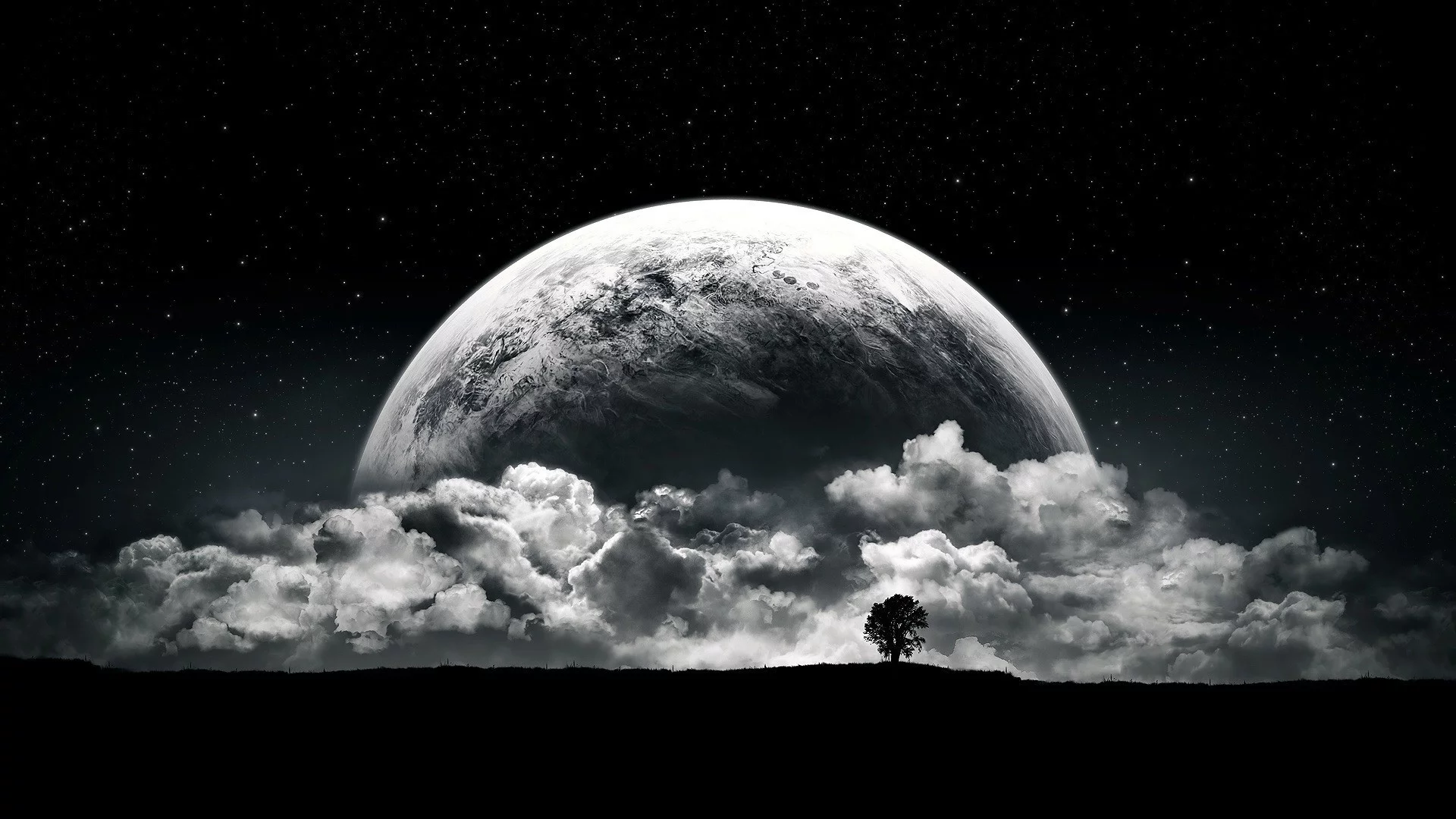 planet, moon, clouds, stars, night, black, white