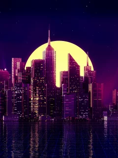 neon, city, buildings, reflection, skycrapper, artist, artwork, digital art