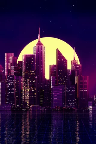 neon, city, buildings, reflection, skycrapper, artist, artwork, digital art