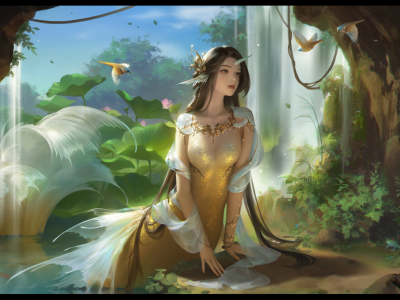 yuanyuan wang, artwork, fantasy girl, fantasy, art, birds, brunette