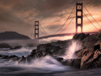 golden gate bridge, california, rocky, coast, water splash long