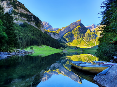 seealpsee, lake, switzerland, rowing, boat, mirror lake, mountain