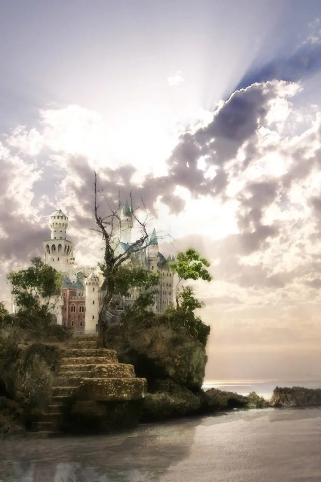 castle, sky, clouds, island