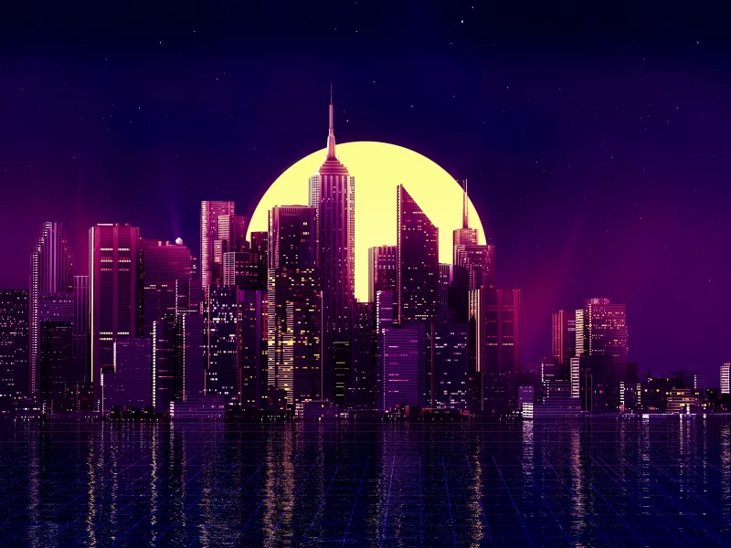 neon, city, buildings, reflection, skycrapper, artist, artwork, digital art