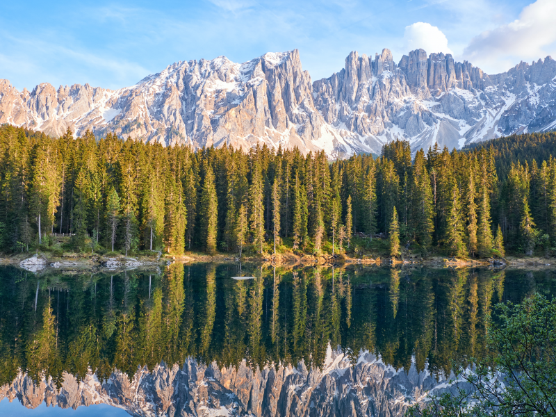 karersee, lake, latemar, mountain, range, snow