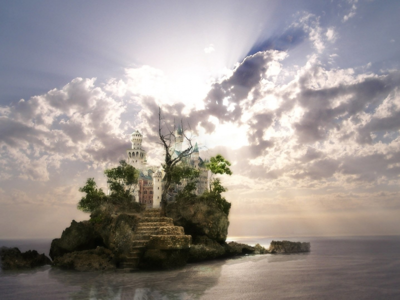 castle, sky, clouds, island