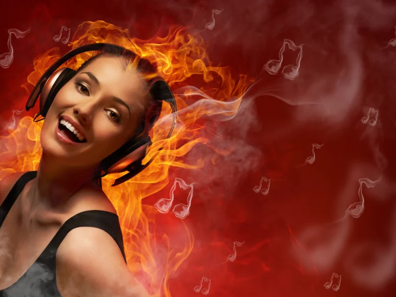music, girl, headphones, flame, fire, smile