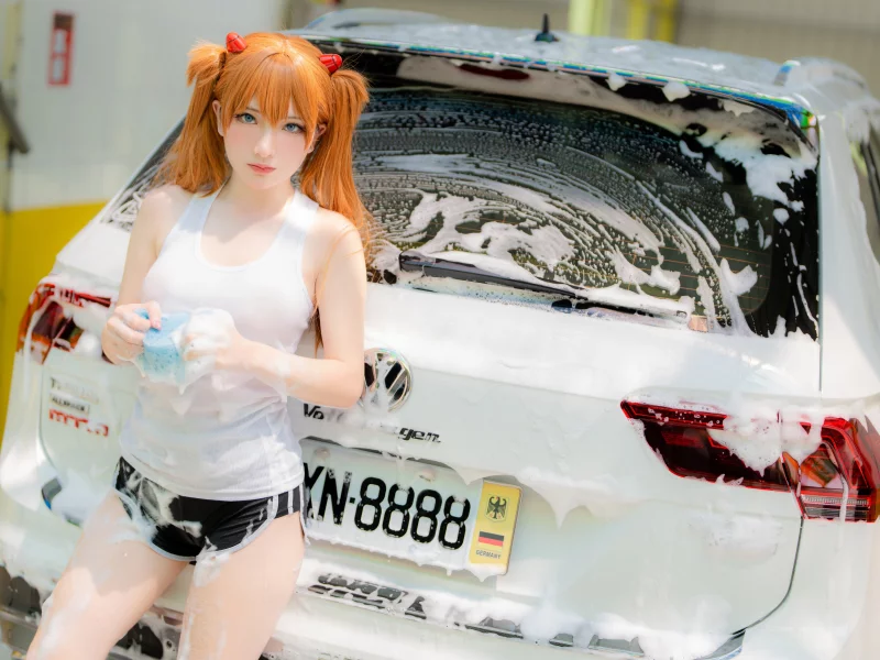 girl, redhead, wet, shirt, shorts