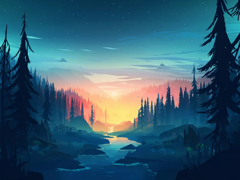 landscape, nature, night, forest, river