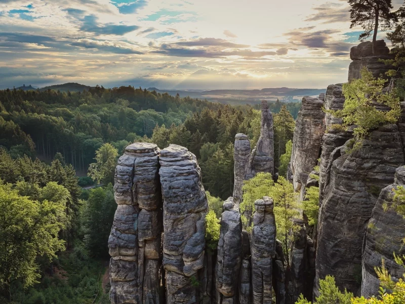 nature, landscape, sunset, rock formation, forest, clouds, sky, hill, trees, czech republic