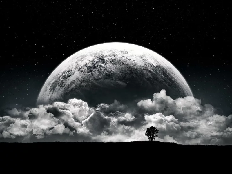 planet, moon, clouds, stars, night, black, white