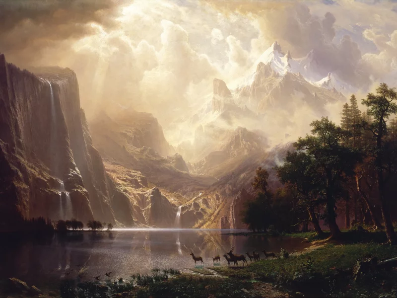 landscape, forest, mountains, lake, animals, watering hole