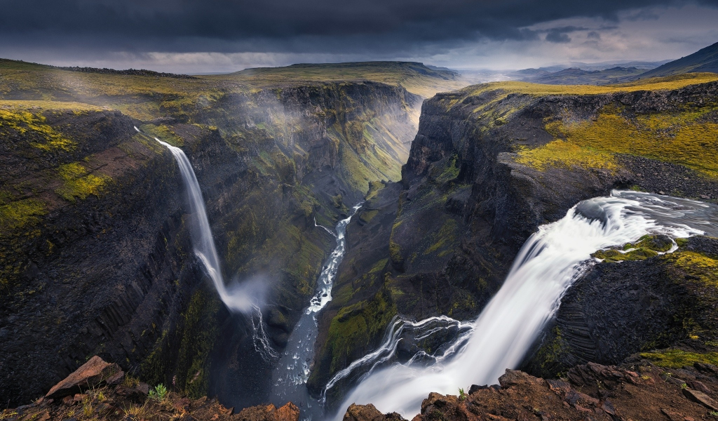 iceland, waterfall, canyon, landscape, dark, river