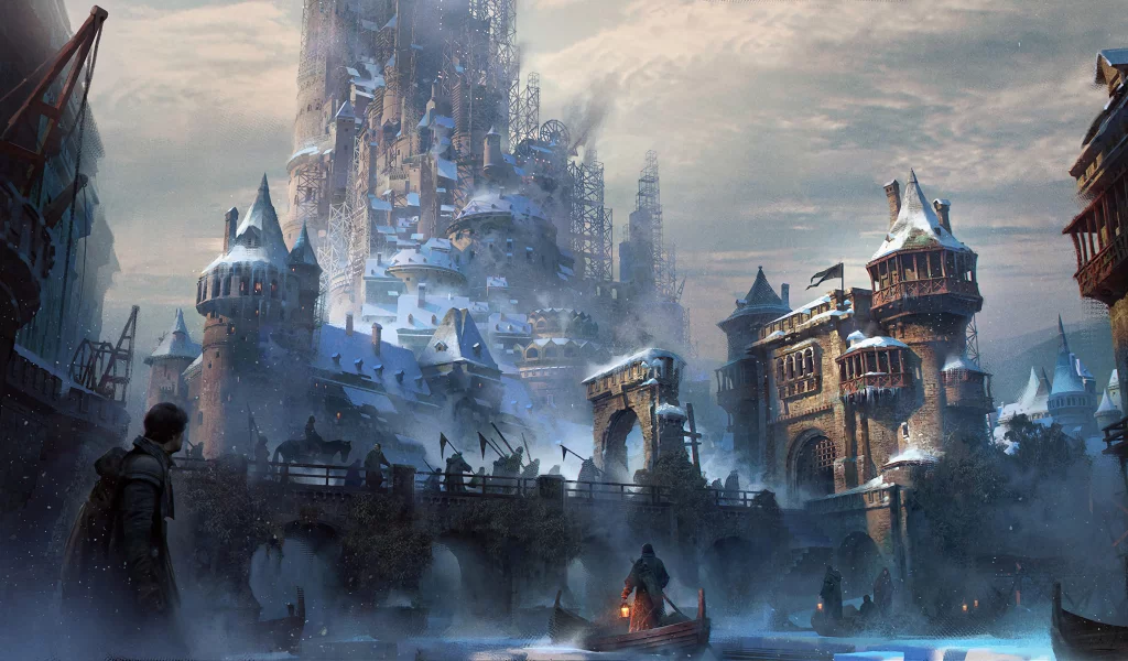 fantasy, castle, people, bridge, boat, magician