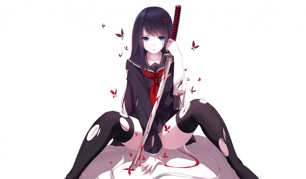 school uniform, torn clothes, anime, black hair, original characters, anime girls