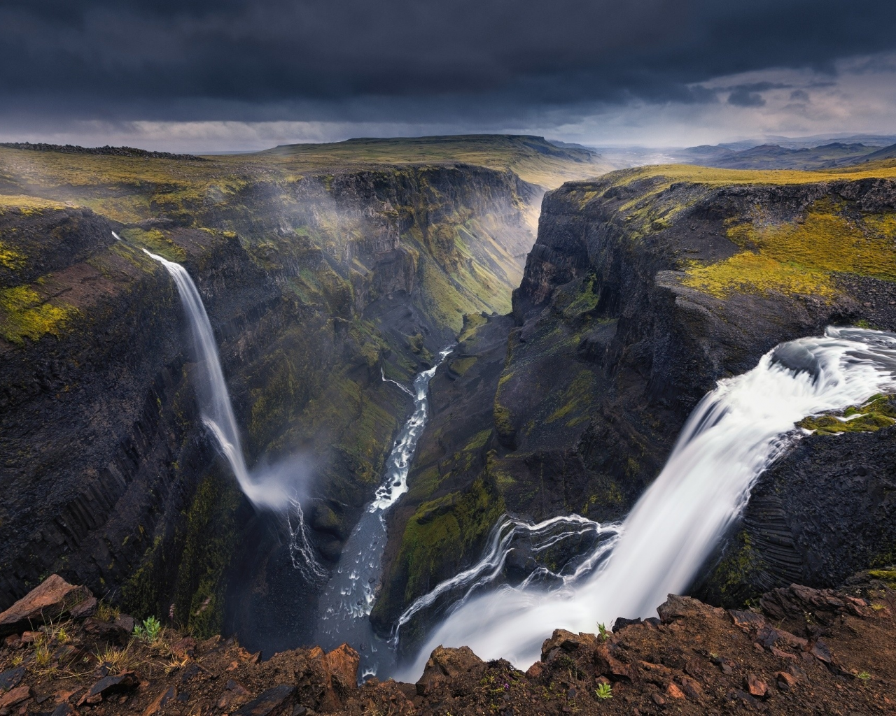 iceland, waterfall, canyon, landscape, dark, river