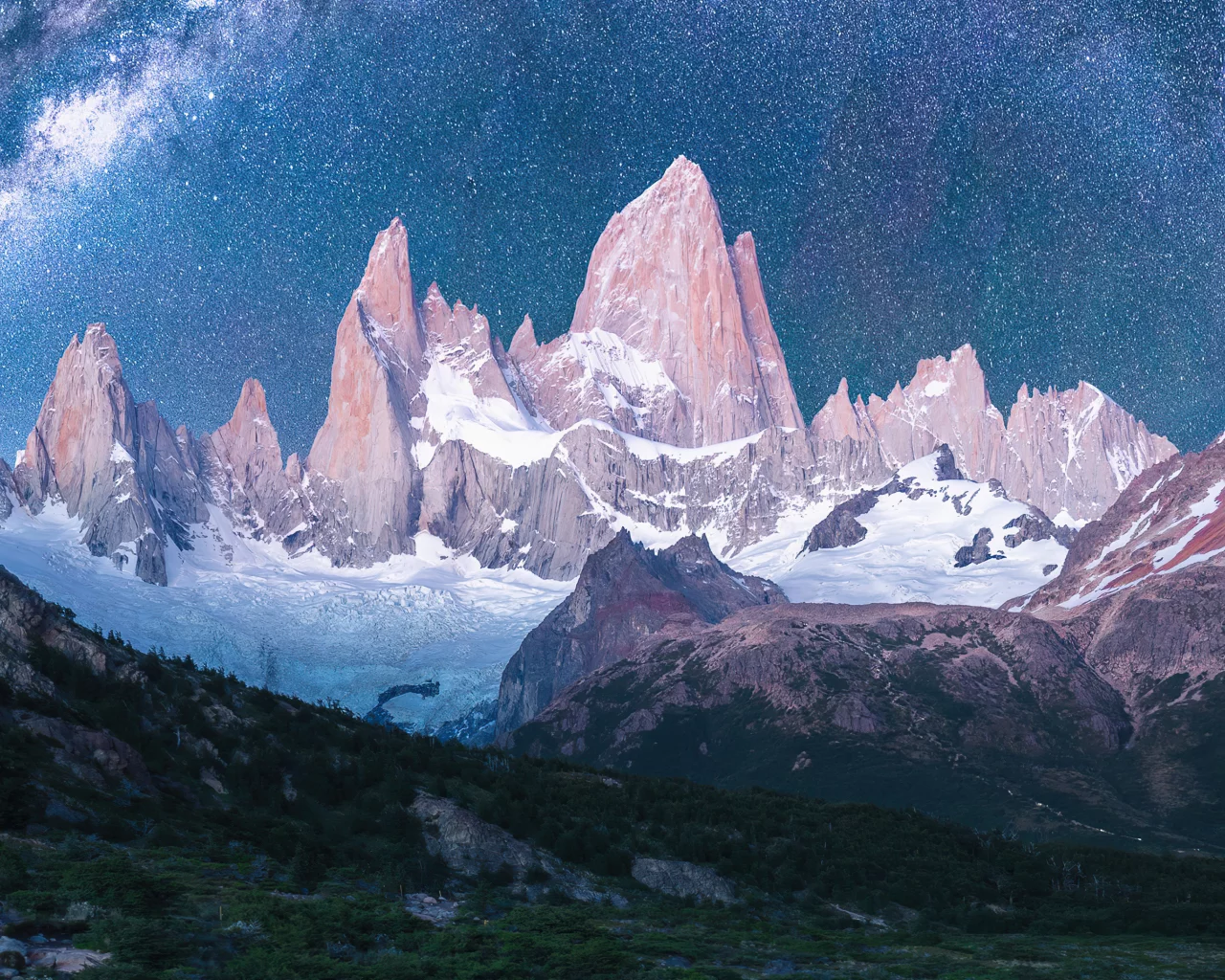 landscape, mountains, forest, snow, stars