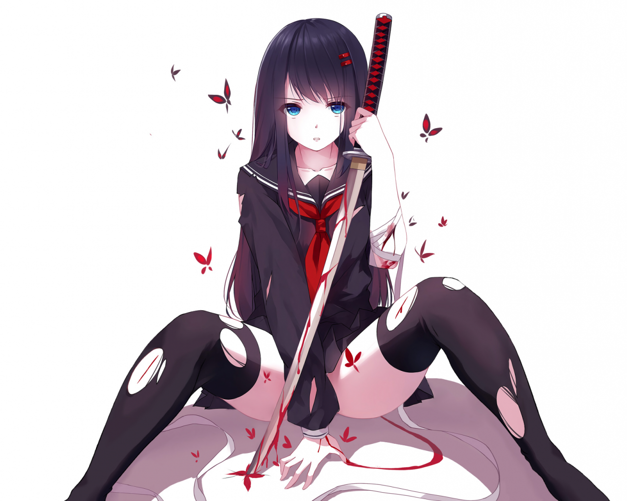 school uniform, torn clothes, anime, black hair, original characters, anime girls