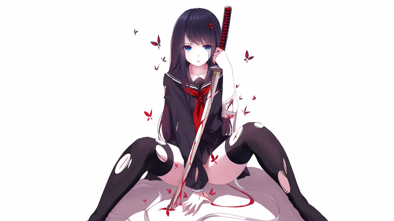 school uniform, torn clothes, anime, black hair, original characters, anime girls