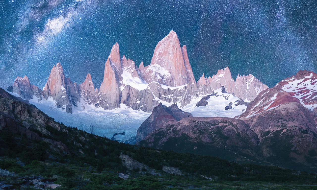 landscape, mountains, forest, snow, stars