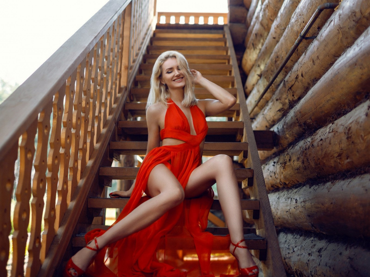 blonde girl, beautiful, red dress
