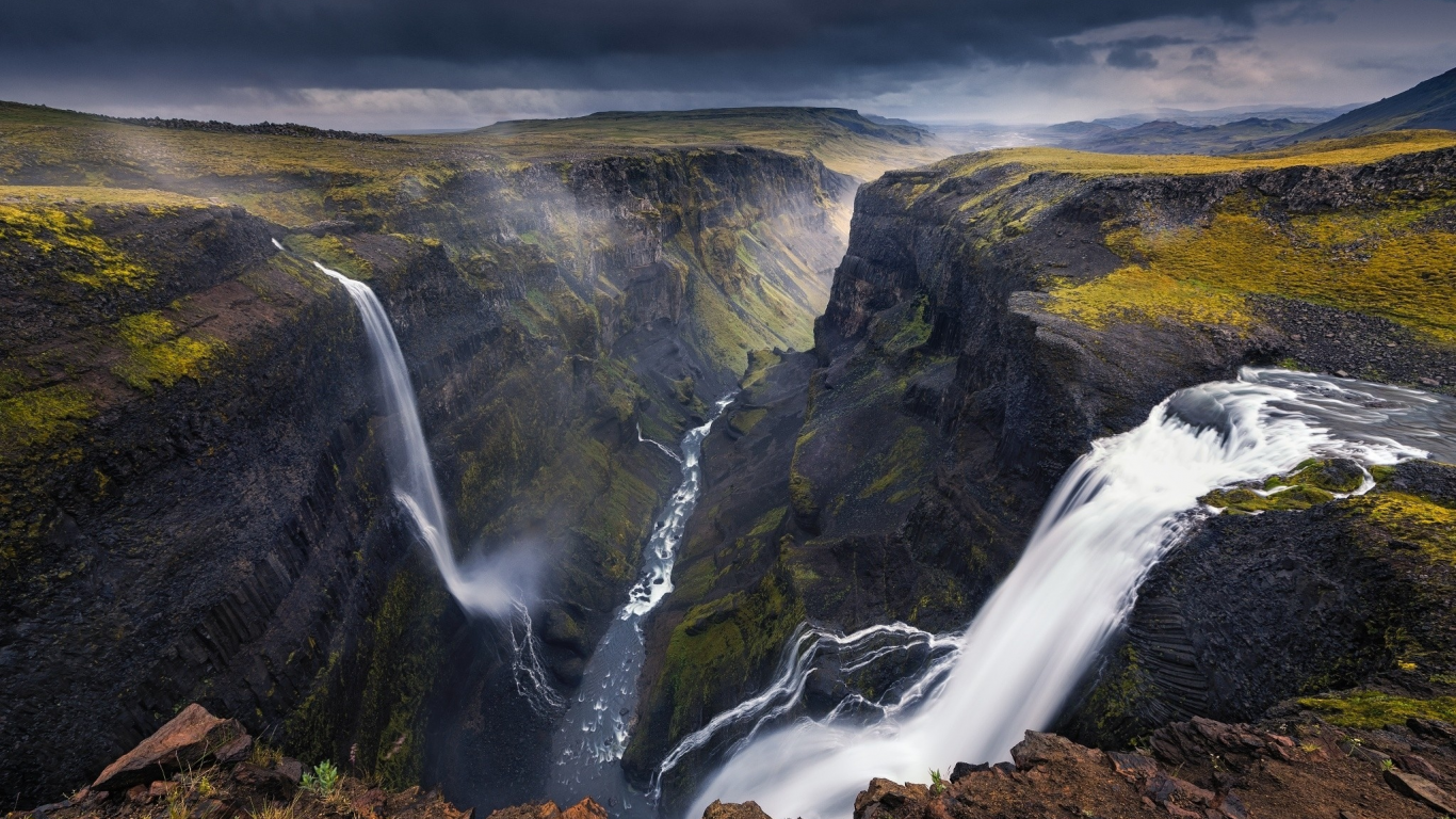 iceland, waterfall, canyon, landscape, dark, river