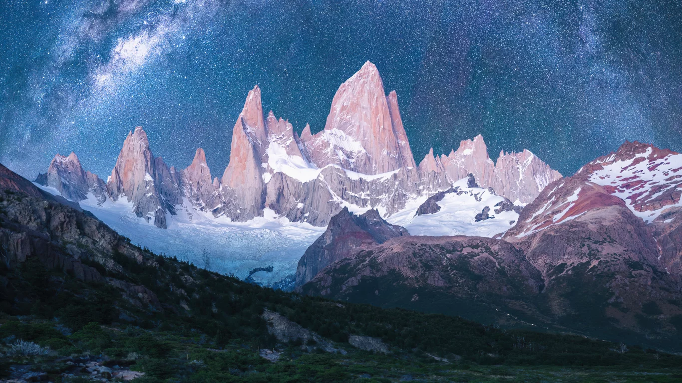 landscape, mountains, forest, snow, stars