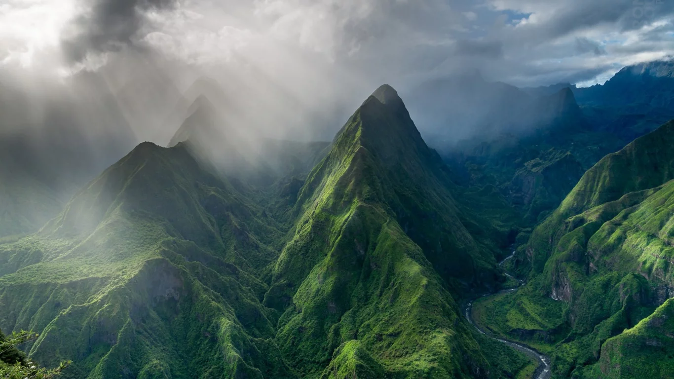 trees, mountains, valley, sun rays, landscape, french