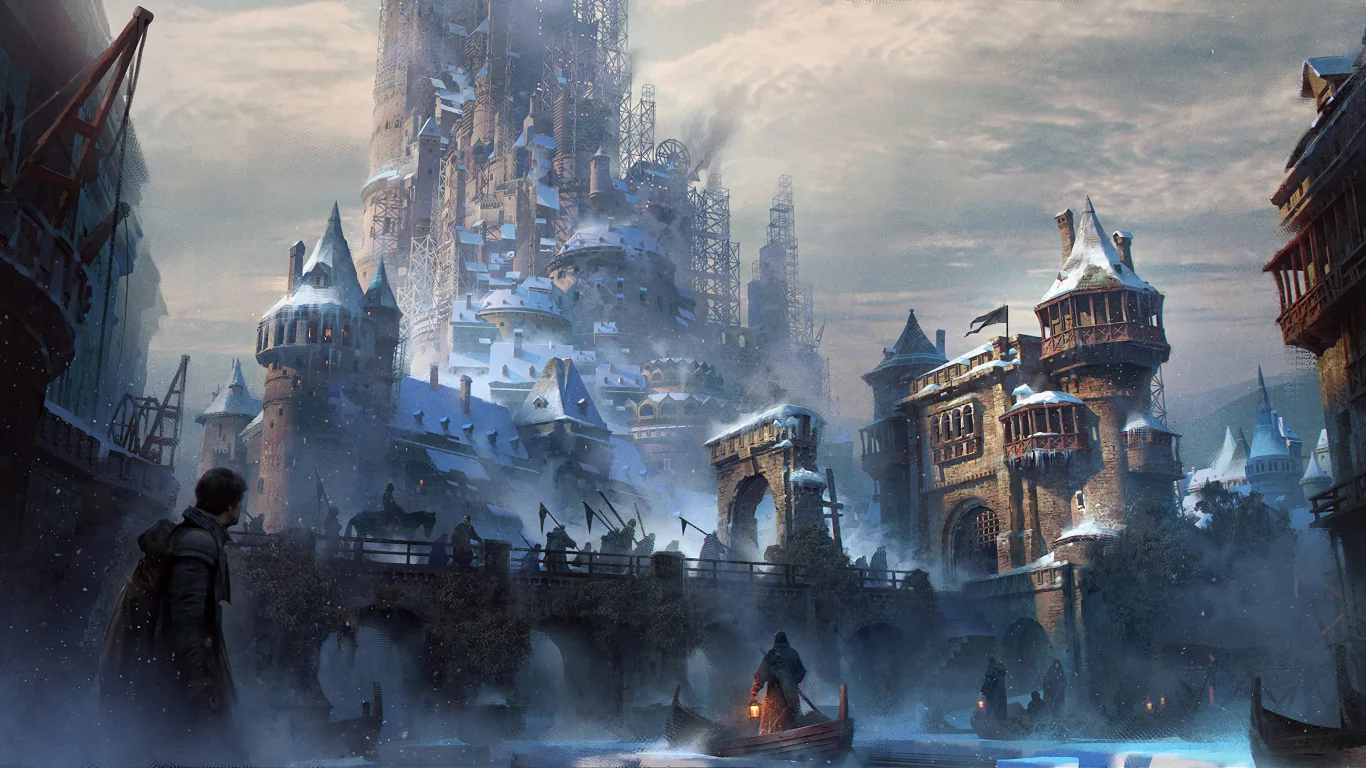 fantasy, castle, people, bridge, boat, magician