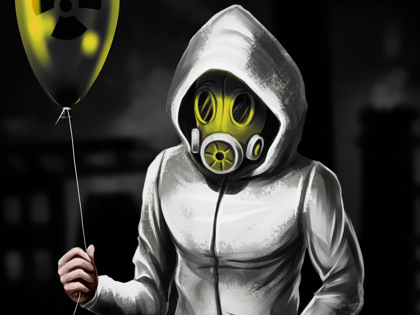 drawing, art, gas mask, hood, inflatable balloon