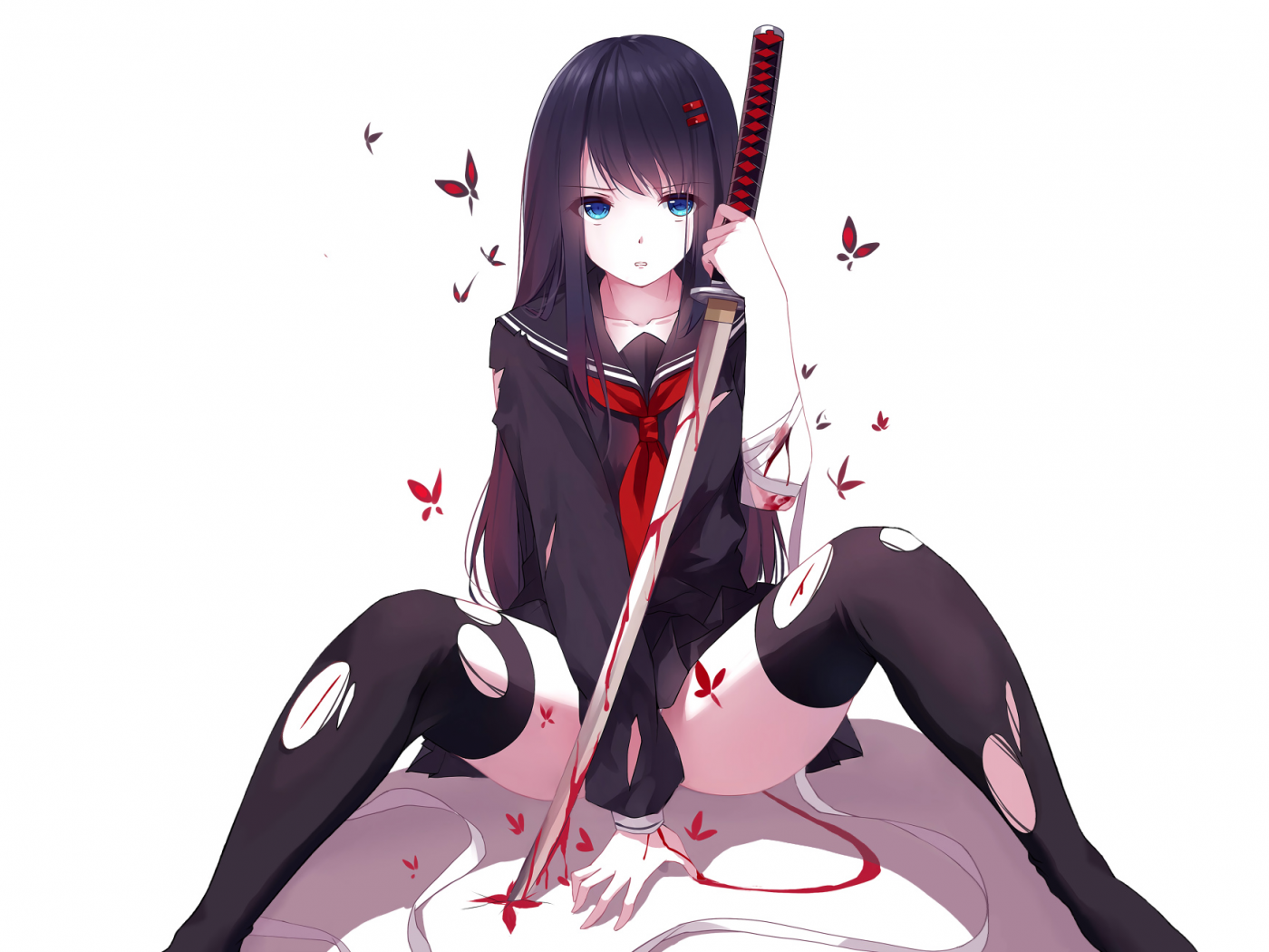 school uniform, torn clothes, anime, black hair, original characters, anime girls