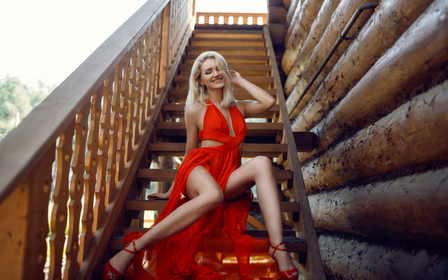 blonde girl, beautiful, red dress