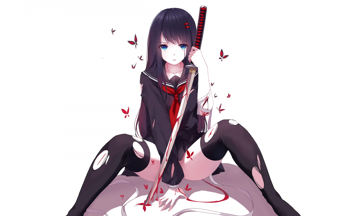 school uniform, torn clothes, anime, black hair, original characters, anime girls