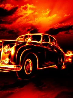 classic car, clouds, fire, flame, horrorred, sky, hell