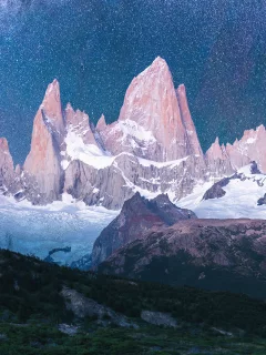 landscape, mountains, forest, snow, stars