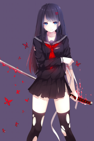 long hair, blue eyes, anime, school uniform, black hair, blood
