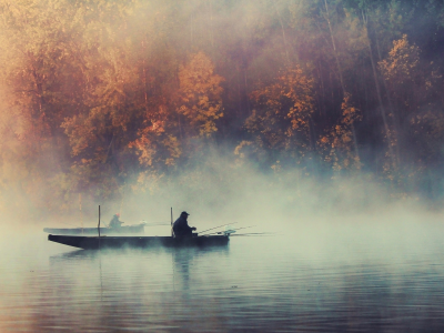 mist, landscape, lake, water, fishing, fall