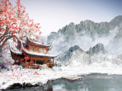 landscape, winter, snow, japanese, art