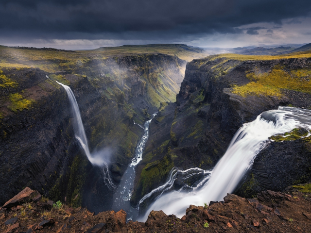 iceland, waterfall, canyon, landscape, dark, river