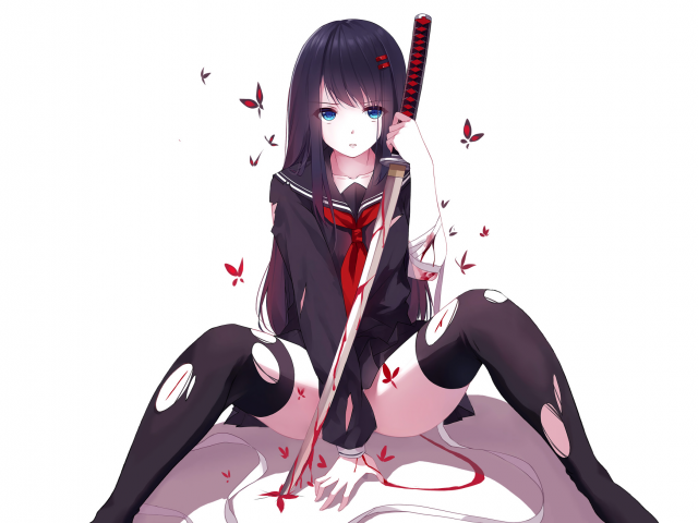 school uniform, torn clothes, anime, black hair, original characters, anime girls